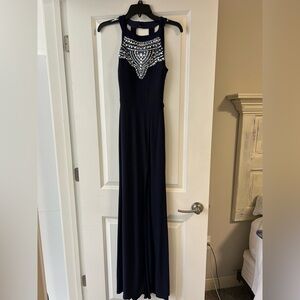 B Darlin Navy Blue Embellished Halter Gown